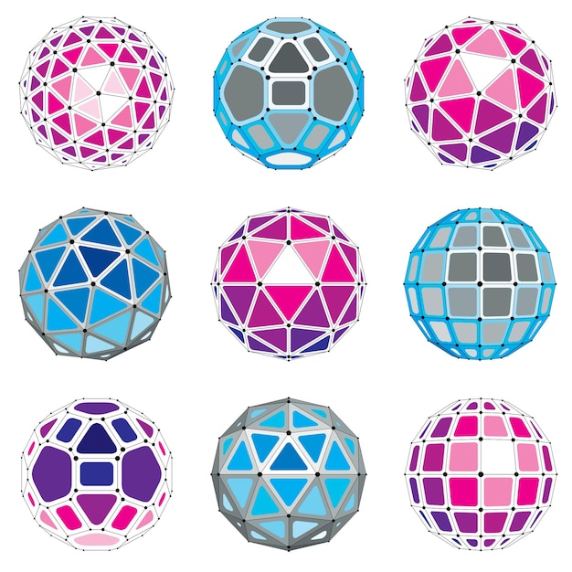 3d vector digital wireframe spherical objects made using different geometric facets. Polygonal orbs created with lines mesh. Low poly shapes collection, lattice forms for use in web design.