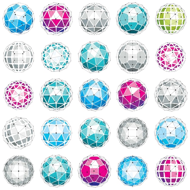 3d vector digital wireframe spherical objects made using different geometric facets. Polygonal orbs created with lines mesh. Low poly shapes collection, lattice forms for use in web design.