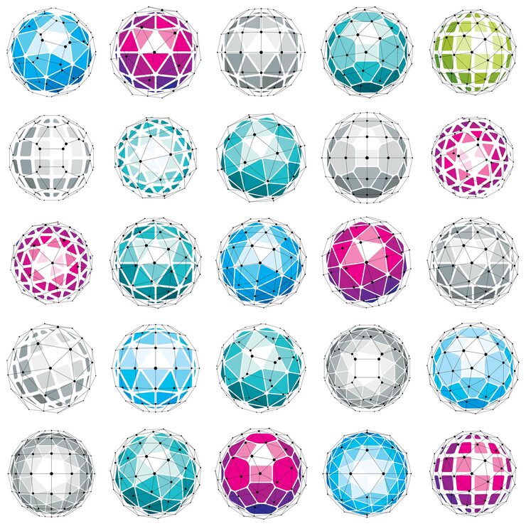 Vector 3d 矢量數碼線框:使用不同的幾何面制成的球形物體用線條網格創建的多角球低聚形狀收藏網絡設計中使用的格子形式