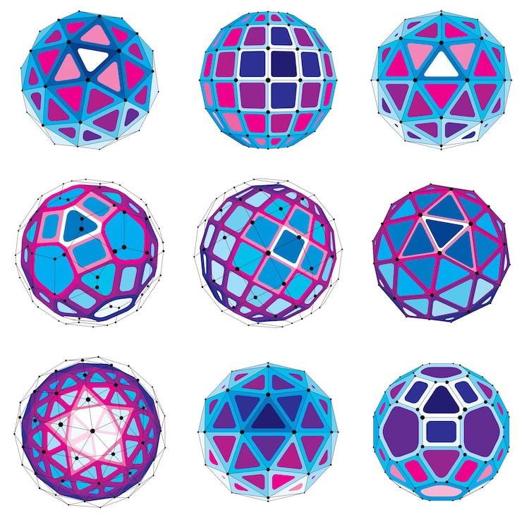 Vector 3d vector digital wireframe spherical objects made using different geometric facets. polygonal orbs created with lines mesh. low poly shapes collection, lattice forms for use in web design.
