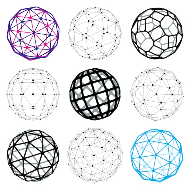 3d vector digital wireframe spherical objects made using different geometric facets. polygonal orbs created with lines mesh. low poly shapes collection, lattice forms for use in web design.