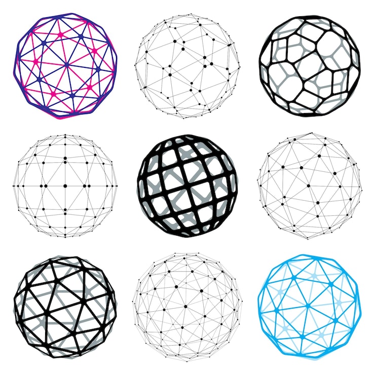Vector 3d vector digital wireframe spherical objects made using different geometric facets. polygonal orbs created with lines mesh. low poly shapes collection, lattice forms for use in web design.