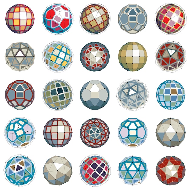 3d vector digital wireframe spherical objects made using different geometric facets. Polygonal orbs created with lines mesh. Low poly shapes collection, lattice forms for use in web design.