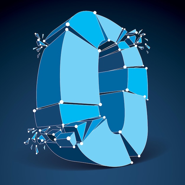 3d vector digital wireframe zero number broken into different particles, geometric polygonal numeration with lines mesh. low poly shattered typescript, lattice element.