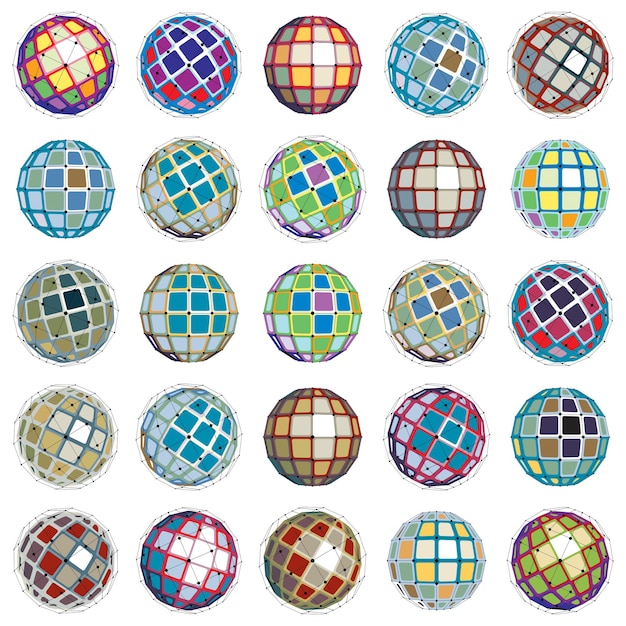 3D-vector digitale wireframe bolvormige objecten gemaakt met behulp van verschillende geometrische facetten. Veelhoekige bollen gemaakt met lijnengaas. Low poly shapes-collectie, roostervormen voor gebruik in webdesign.