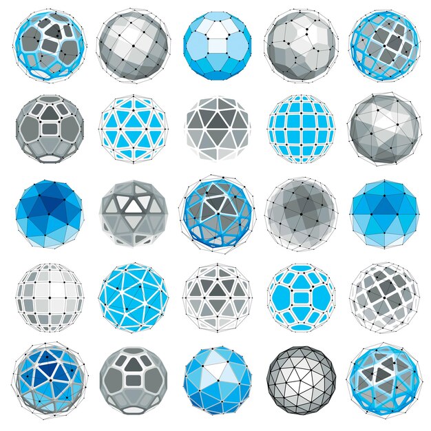 3d-vector digitale wireframe bolvormige objecten gemaakt met behulp van verschillende geometrische facetten. veelhoekige bollen gemaakt met lijnengaas. low poly shapes-collectie, roostervormen voor gebruik in webdesign.