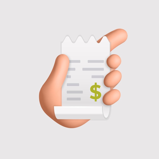 Vector 3d vector female hand holds payment bill paper sheet invoice icon cartoon render design