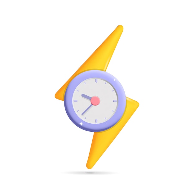 Vector 3d-vector gele flits bliksemschicht symbool met tijd wekker horloge pictogram ontwerp