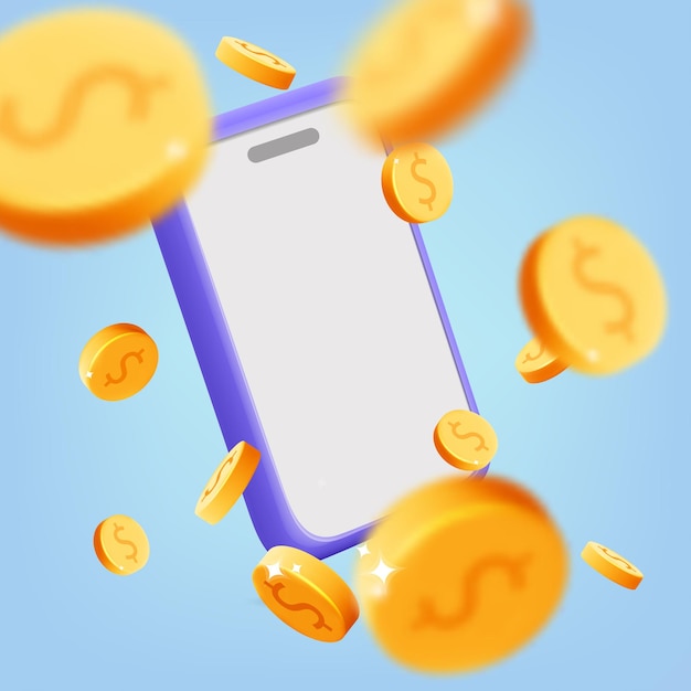 3D vector gold dollar coins explosion effect out from Smartphone screen cartoon render banner design