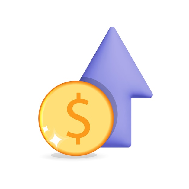 3D-vector gouden dollar munt pijl omhoog kosten stijgend pictogram en winst rente verhogen realistisch ontwerp