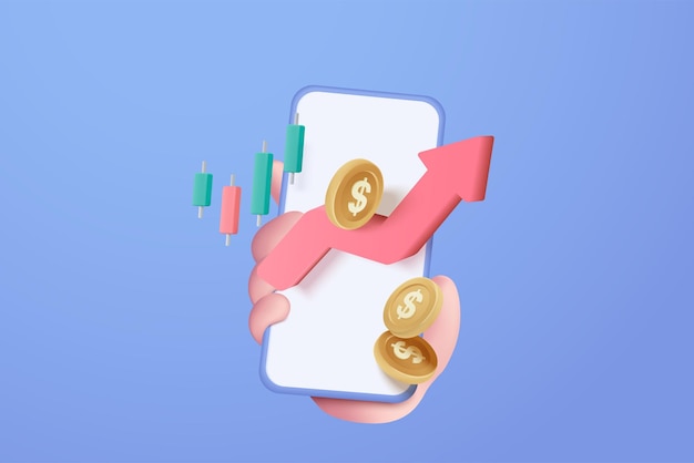 Mano di vettore 3d che tiene cellulare isolato su sfondo blu pastello mano che utilizza il grafico aziendale di finanziamento sull'applicazione sotto il concetto di icona di soluzione creativa 3d trading per investimenti aziendali