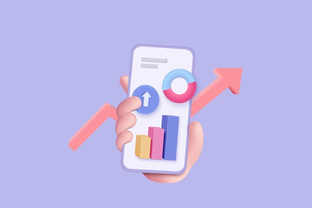 3d vector hand holding mobile isolated on pastel purple background hand using funding business graph on application under creative solution concept in 3d vector 3d trading for business investment