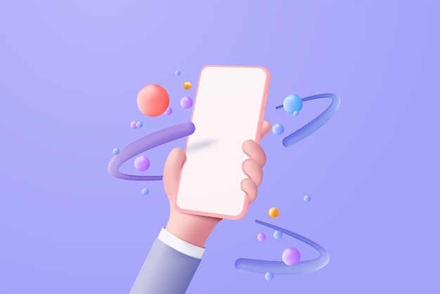 3D vector hand met mobiele telefoon geïsoleerd op paarse achtergrond Hand met smartphone met leeg scherm voor mockup mobiele roze concept showcase 3D-display minimale scène met apparaat smartphone