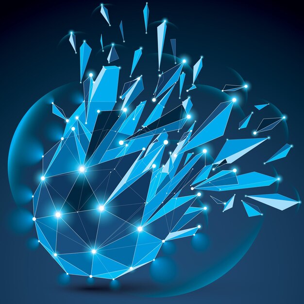 3D-vector helder blauw digitaal draadframe-object onderverdeeld in verschillende deeltjes, geometrische veelhoekige structuur met lijnengaas en lichteffect. Lage poly verbrijzelde gloedvorm, fonkelende roostervorm.
