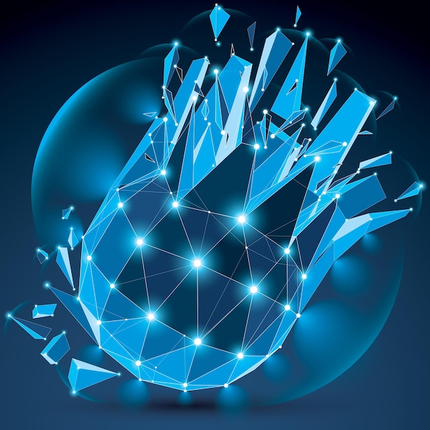 3D-vector helder blauw digitaal draadframe-object onderverdeeld in verschillende deeltjes, geometrische veelhoekige structuur met lijnengaas en lichteffect. Lage poly verbrijzelde gloedvorm, fonkelende roostervorm.