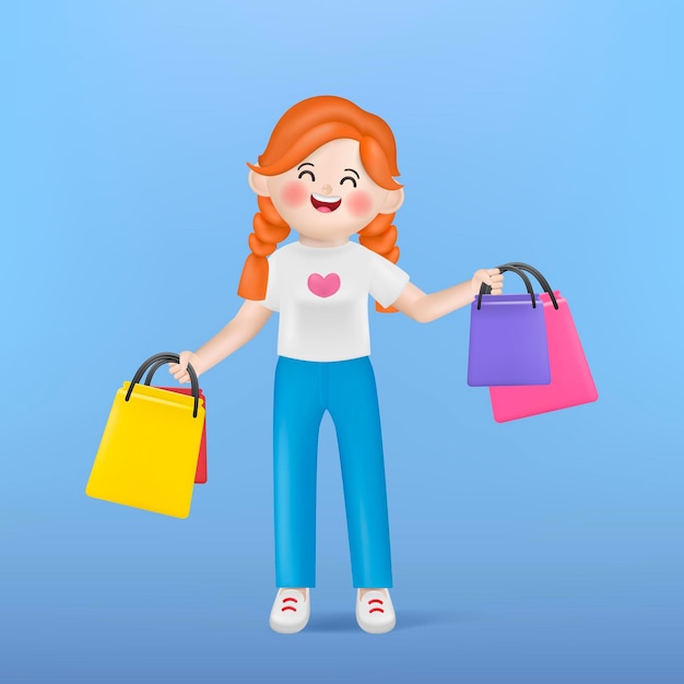 Vector 3d vector illustration cartoon happy woman customer shopping with many shopping bags.