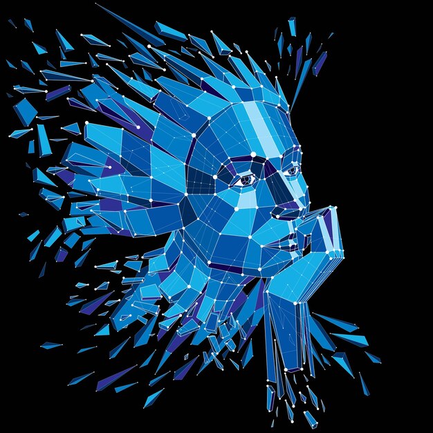 3d vector illustration of human head created in low poly style. Face of pensive female, smart person. Intelligence allegory, artistic deformed wireframe object broken into splinters and fragments.
