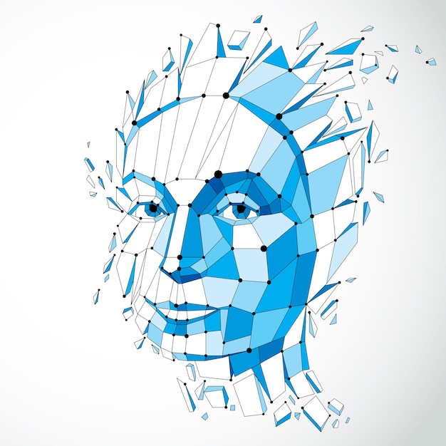 3d vector illustration of human head created in low poly style. Face of pensive female, smart person. Intelligence allegory, artistic deformed wireframe object broken into splinters and fragments.