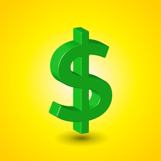 Вектор 3d векторная иллюстрация зеленого знака доллара, выделенного на желтом фоне. символ американской валюты.