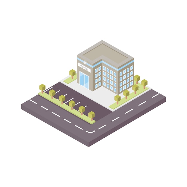 3D vector illustration of the volume. Hospital building with large Windows, Parking and road markings. Isometric 3D drawing on the theme of treatment and medicine. Multi-storey medical center.