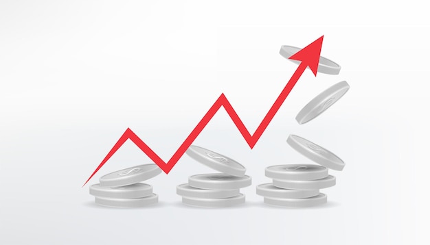 3D vector image illustrating financial growth and success with a stack of metal coins and an upward