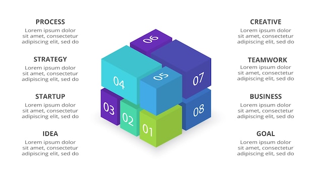 3D vector infographic pyramid or comparison chart with 8 colorful levitating layers Realistic infographic template