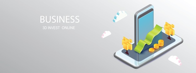 Rendering isometrico vettoriale 3d shopping online con telefono utilizzando tag promozione o contanti per banner online