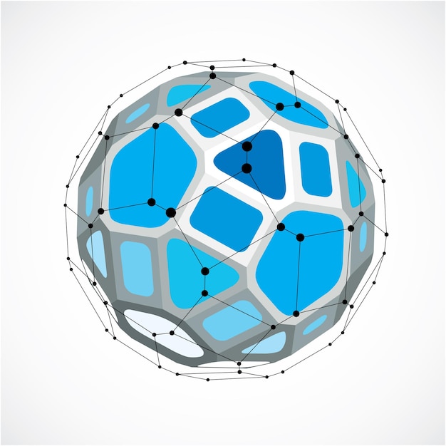 3D-vector laag poly bolvormig object met zwarte aaneengesloten lijnen en punten, geometrische blauwe draadframe vorm. Perspectief facetbal gemaakt met vierkanten en vijfhoeken.