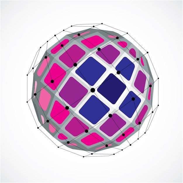 3D-vector laag poly bolvormig object met zwarte aaneengesloten lijnen en punten, geometrische paarse draadframe vorm. Perspectief facetbol gemaakt met vierkanten.