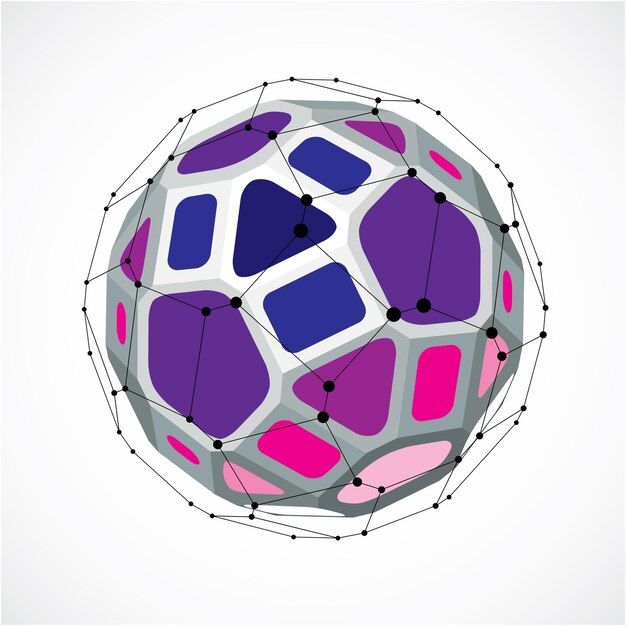 3D vector laag poly bolvormig object met zwarte aaneengesloten lijnen en stippen, geometrische paarse draadframe vorm. Perspectief facetbal gemaakt met vierkanten en vijfhoeken.