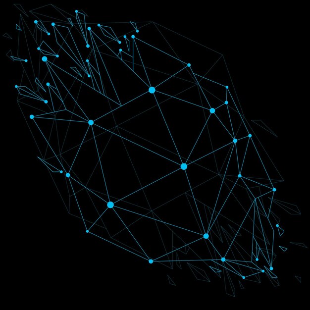 3D-vector laag poly-object met blauwe verbonden lijnen en punten, geometrische draadframe vorm met brekingen. Asymmetrische perspectief verbrijzelde vorm. Lichtgevend effect, communicatietechnologie.