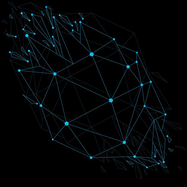 3d-vector laag poly-object met blauwe verbonden lijnen en punten, geometrische draadframe vorm met brekingen. asymmetrische perspectief verbrijzelde vorm. lichtgevend effect, communicatietechnologie.