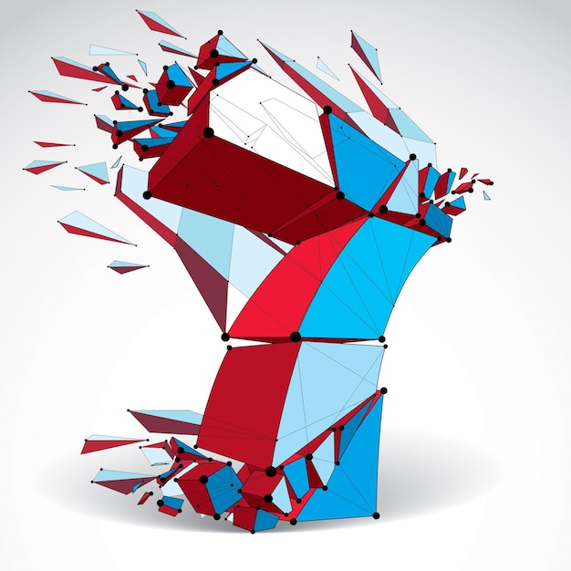 3d vector low poly colorful number 7 with black connected lines and dots, geometric wireframe font with fragments. perspective shattered digit with thread.