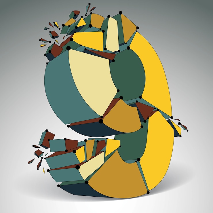 Vector 3d vector low poly number 9 with black connected lines and dots, geometric wireframe colorful font with fragments. perspective shattered digit with thread.