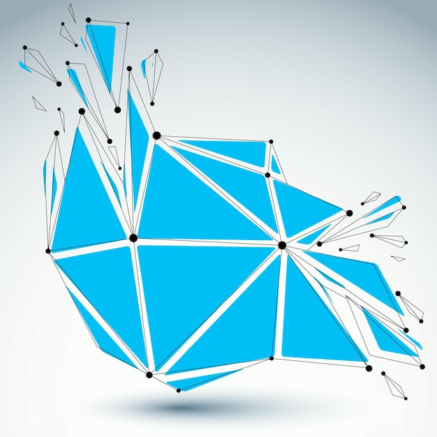 3d vector low poly object with black connected lines and dots, geometric wireframe deformed blue shape with refractions. asymmetric perspective shattered form