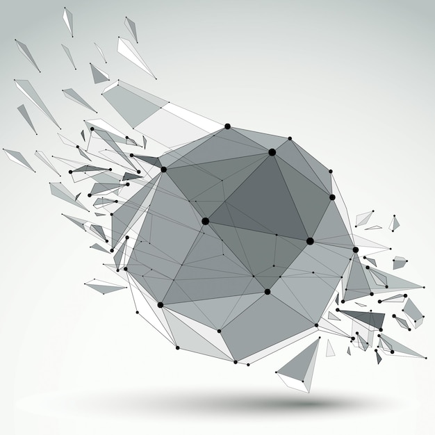 3d vector low poly object with black connected lines and dots, geometric wireframe shape with refractions. asymmetric perspective shattered form.