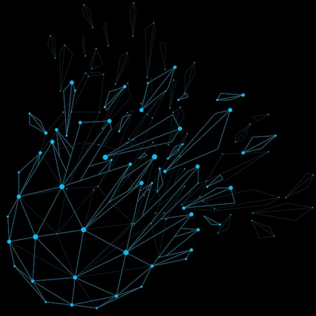 파란색 연결된 선과 점이 있는 3d 벡터 낮은 폴리 개체, 기하학적 와이어프레임 철거 모양. 비대칭 원근법 부서진 형태. 발광 효과, 통신 기술.