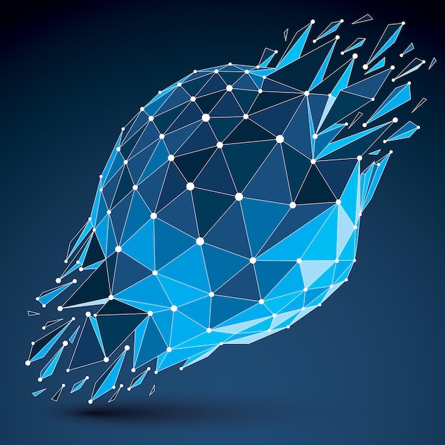 3d vector low poly object with blue connected lines and dots, geometric wireframe shape with refractions. Asymmetric perspective shattered form. Luminescent effect, communication technology.