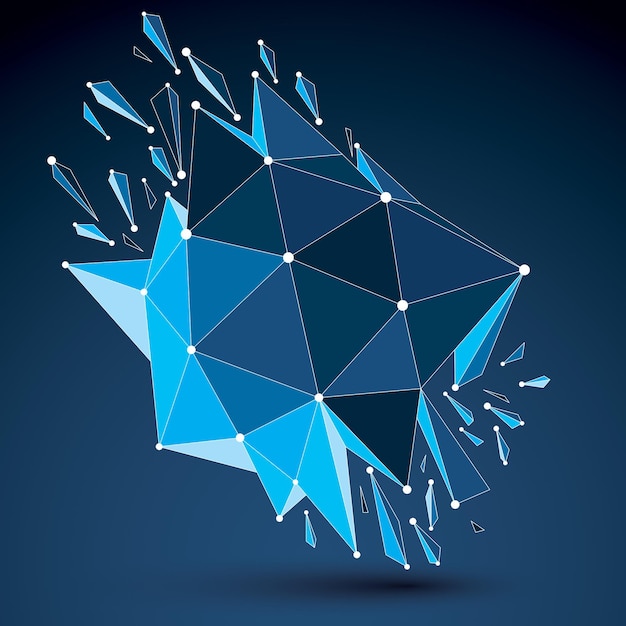 Vector 3d vector low poly object with blue connected lines and dots, geometric wireframe shape with refractions. asymmetric perspective shattered form. luminescent effect, communication technology.