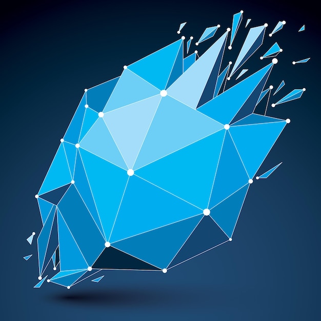 3d vector low poly object with blue connected lines and dots, geometric wireframe shape with refractions. asymmetric perspective shattered form. luminescent effect, communication technology.