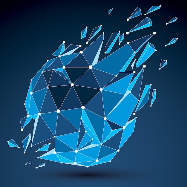 3d vector low poly object with blue connected lines and dots, geometric wireframe shape with refractions. Asymmetric perspective shattered form. Luminescent effect, communication technology.