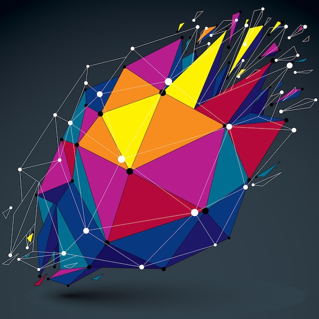 3d vector low poly object with connected lines and dots, colorful digital technology wireframe shape with different particles. Asymmetric bright perspective shattered form.