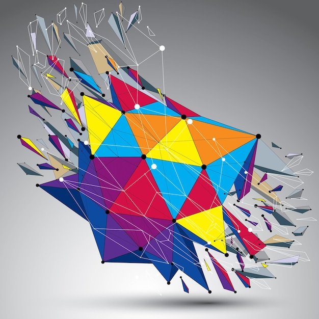 3d vector low poly object with connected lines and dots, colorful geometric wireframe shape with refractions. asymmetric perspective shattered form