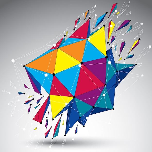 3d vector low poly object with connected lines and dots, colorful geometric wireframe shape with refractions. Asymmetric perspective shattered form.