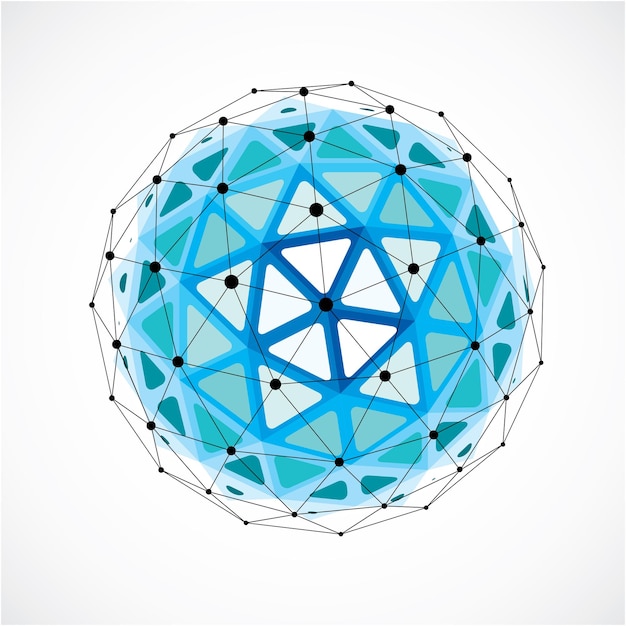 3d vector low poly spherical object with black connected lines and dots, geometric blue wireframe shape. Perspective orb created with triangular facets.