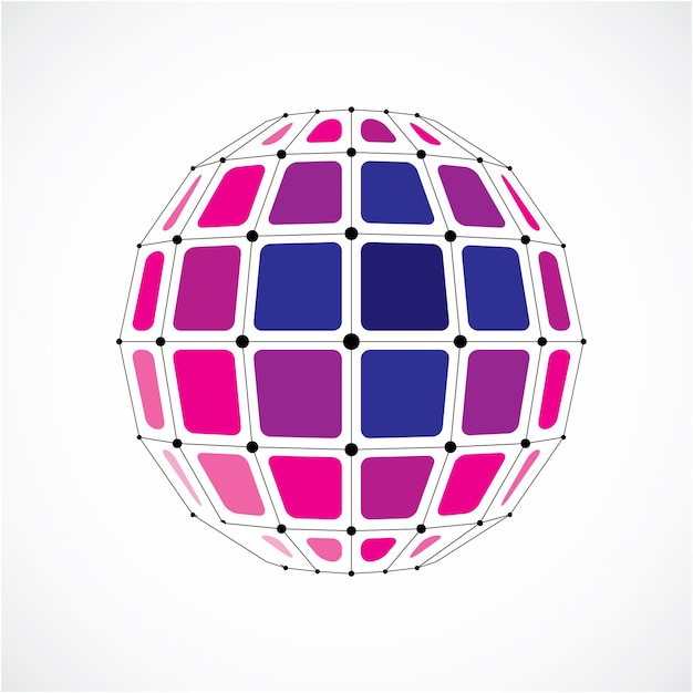 3d vector low poly spherical object with black connected lines and dots, geometric purple wireframe shape. Perspective facet orb created with squares.