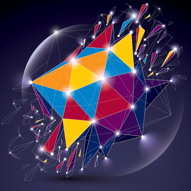 3d vector low poly spherical object with sparkles, white connected lines and dots, geometric wireframe shape with refractions. Radiance perspective colorful shattered form.