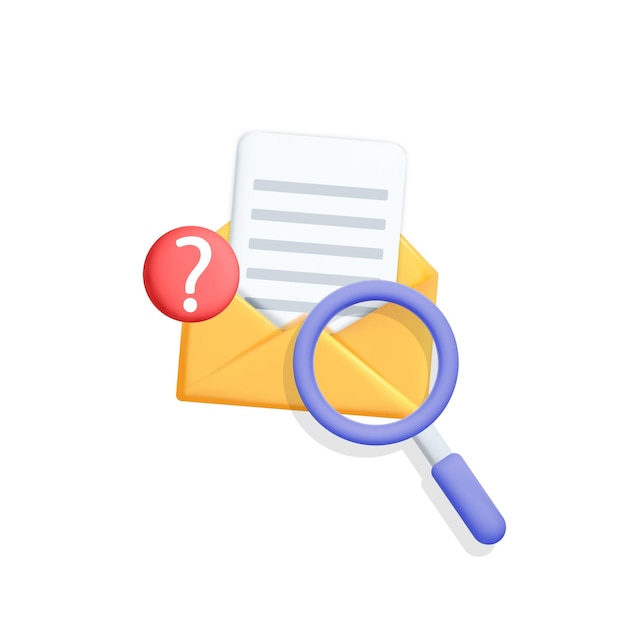 Vector 3d vector magnifying glass searching letter email question mark yellow open envelope icon design