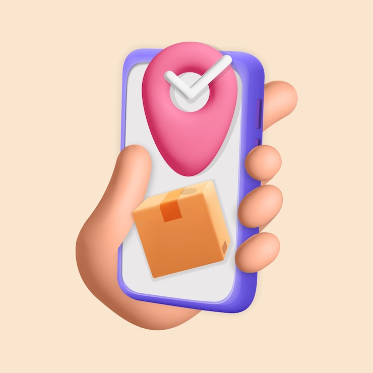 Vector 3d-vector man hand houdt smartphone met online winkelen en snelle bezorgservice op mobiele app