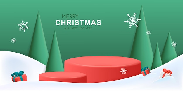 3d vector Merry Christmas winter landscape banner template podium cone shape pine trees gift box